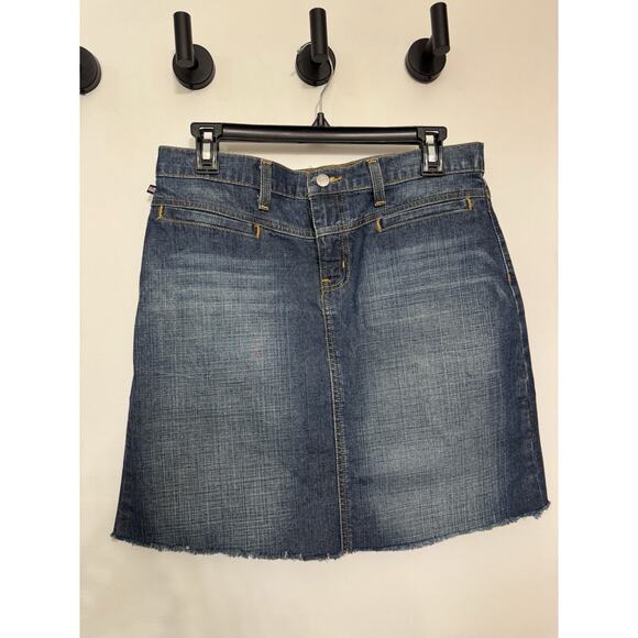 Polo Ralph Lauren Vintage Denim Skirt Frayed American Flag Leather Tag 18.5 Iong - Picture 1 of 12